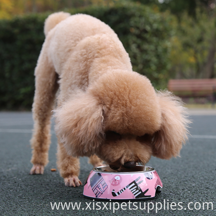 Customized Cute Pink Pet Bowl Non-slip Raised Steel Melamine Dog Bowl